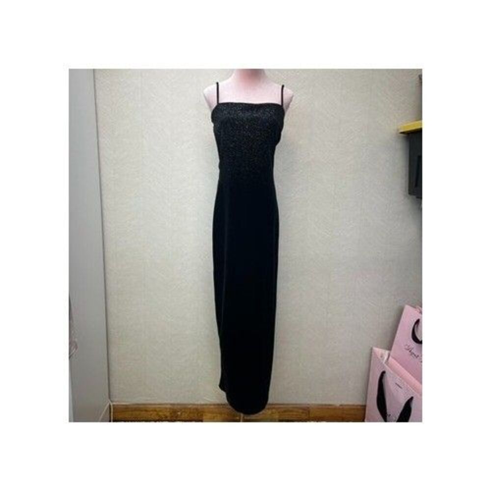 Vintage 90s Labiz Spaghetti Strap Glitter Black Velvet Evening Gown Dress Size M